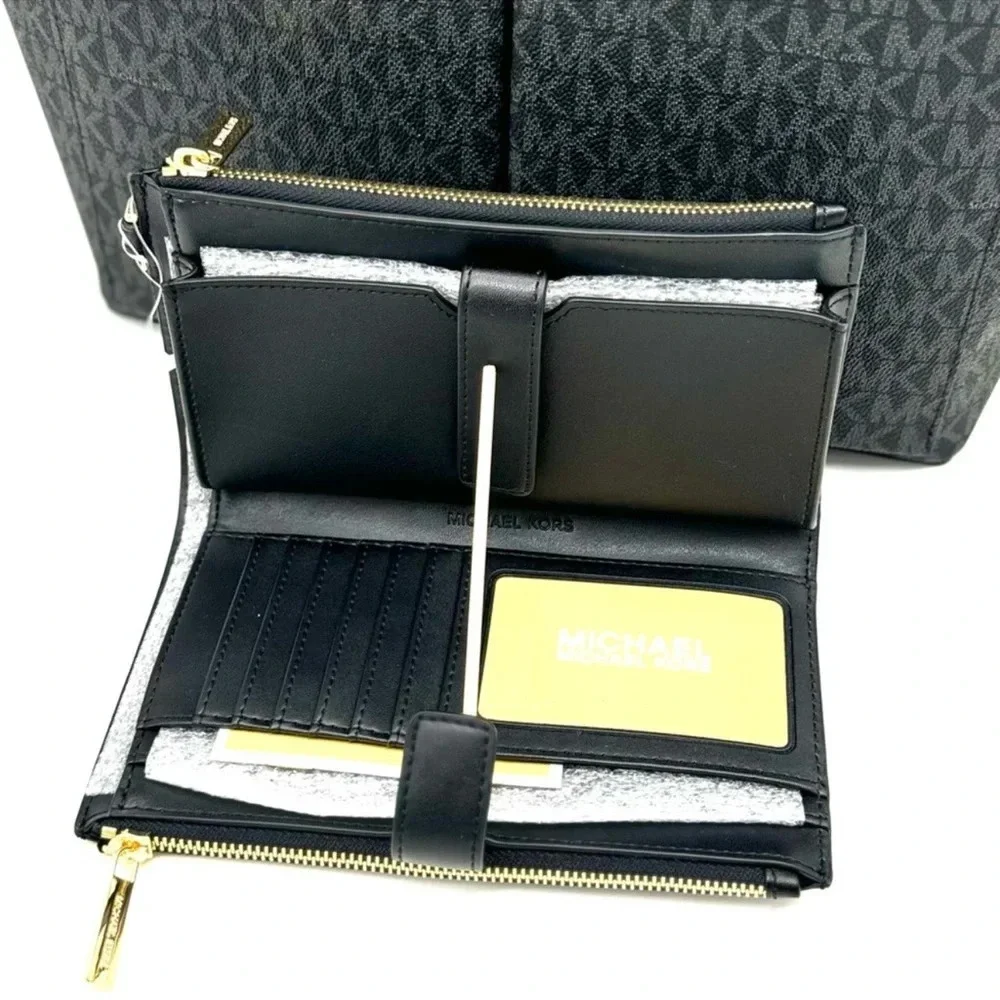 Michael Kors Jet Set Medium Pocket Tote Bag & Double Zip Wallet Black Multi